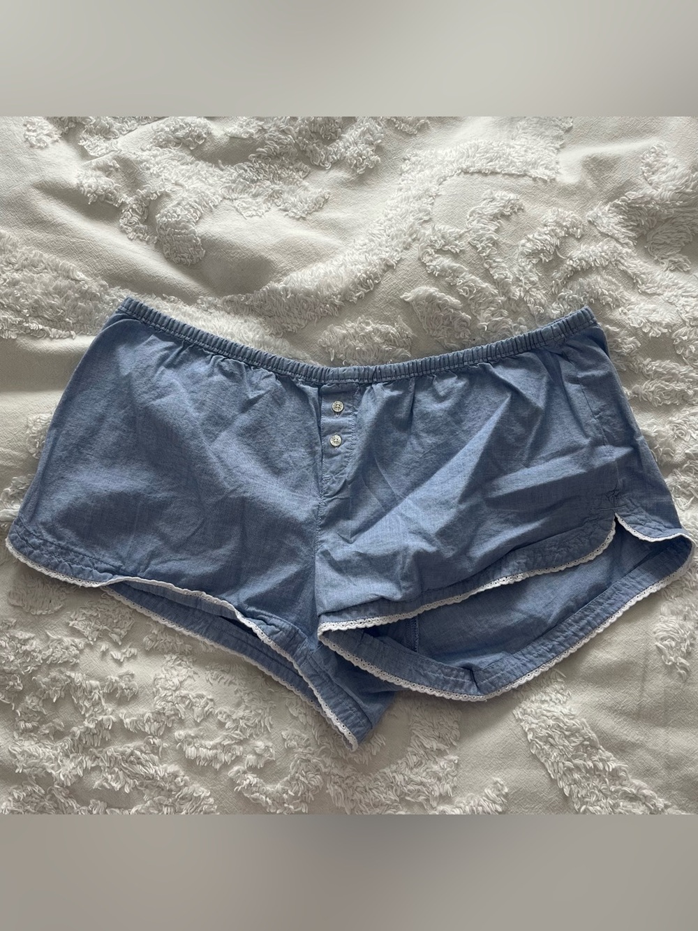 aerie Light Blue Cotton Sleep Shorts with White Lace Trim